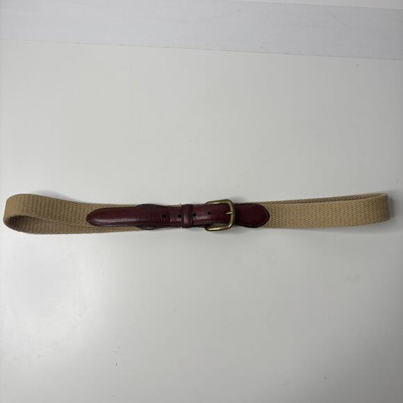 LL Bean Beige & Brown Fabric & Leather Belt Men 40 USA Made Classic Brass Buckle - Picture 1 of 6